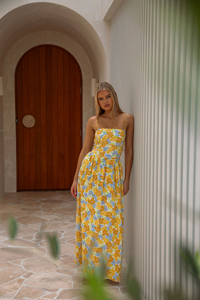 Print Bustier Summer Dress Women's Slit Long Printed Dress Corset Dress for  Women Summer Beach Straps Summer Dress (Color : Yellow, Size : S) :  : Fashion